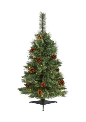 Nearly Natural 3 Foot White Mountain Pine Artificial Christmas Tree with 50 Clear LED Lights and Pine Cones, Green