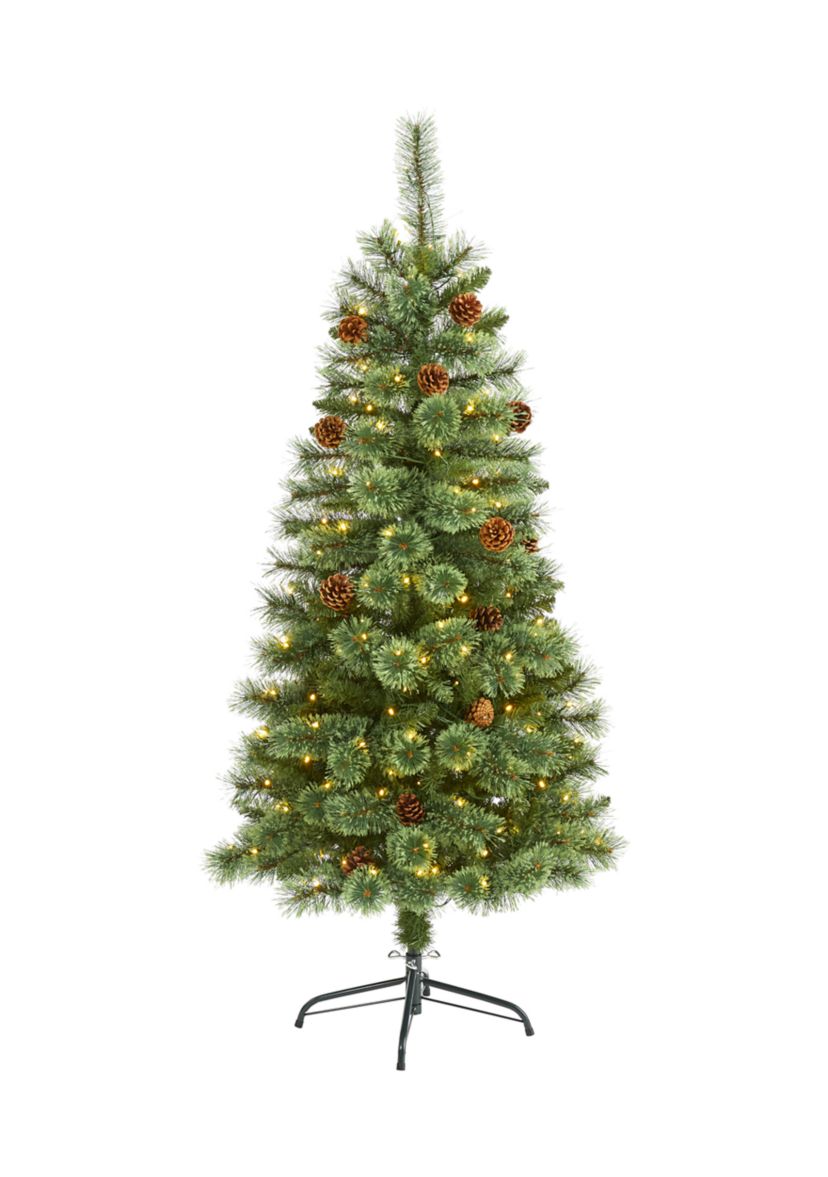 5 Foot White Mountain Pine Artificial Christmas Tree with 200 Clear LED Lights and Pine Cones