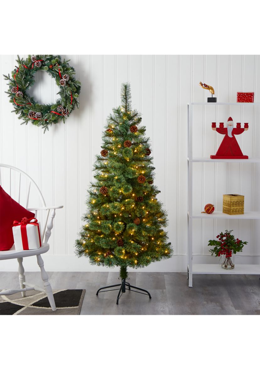 5 Foot White Mountain Pine Artificial Christmas Tree with 200 Clear LED Lights and Pine Cones