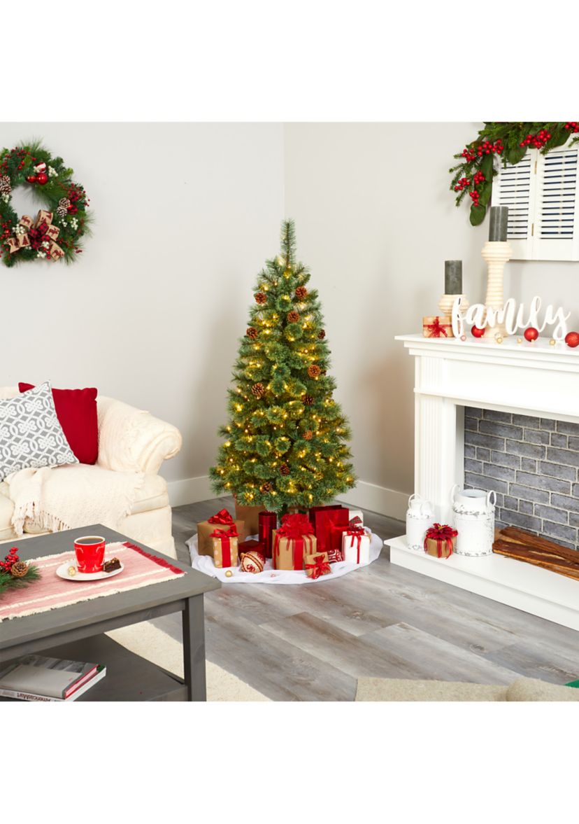 5 Foot White Mountain Pine Artificial Christmas Tree with 200 Clear LED Lights and Pine Cones