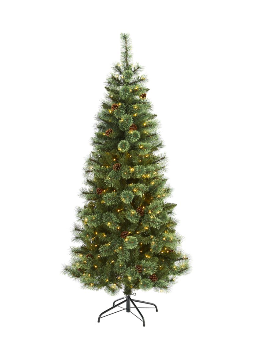 6 Foot White Mountain Pine Artificial Christmas Tree with 300 Clear LED Lights and Pine Cones