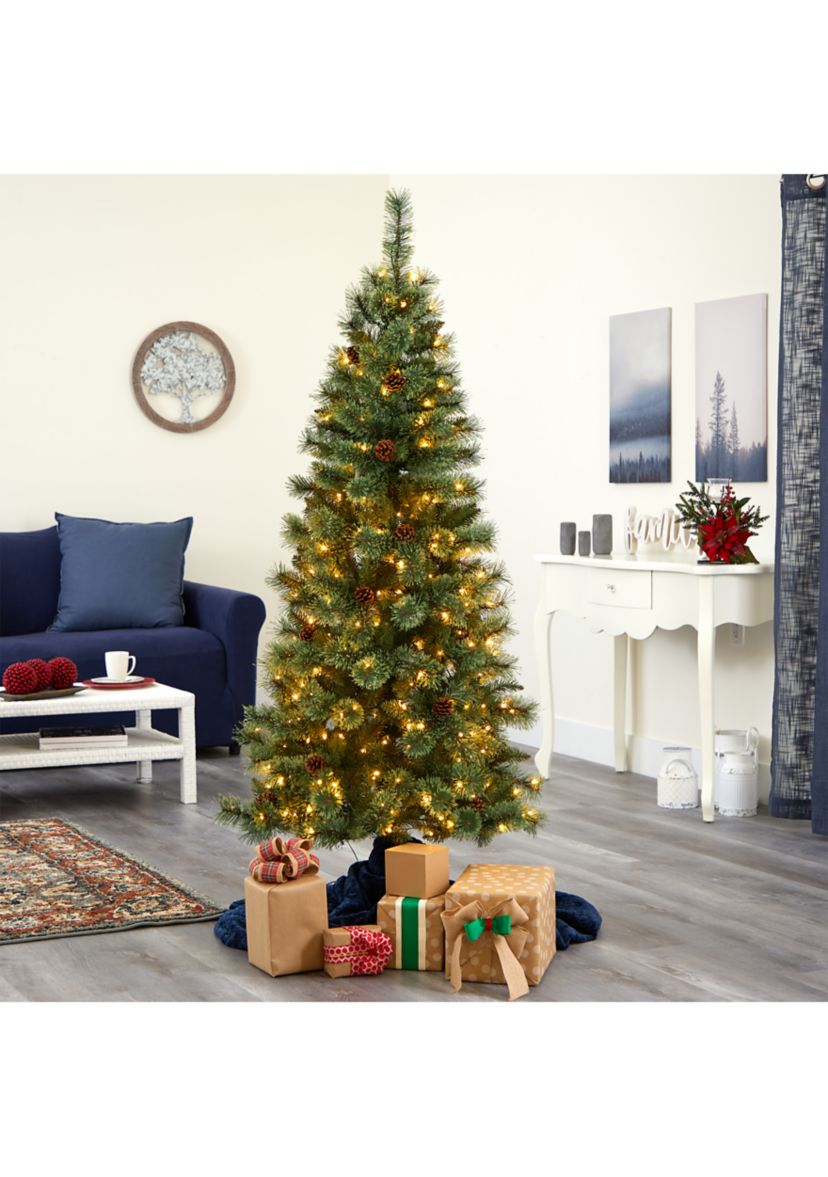 6 Foot White Mountain Pine Artificial Christmas Tree with 300 Clear LED Lights and Pine Cones