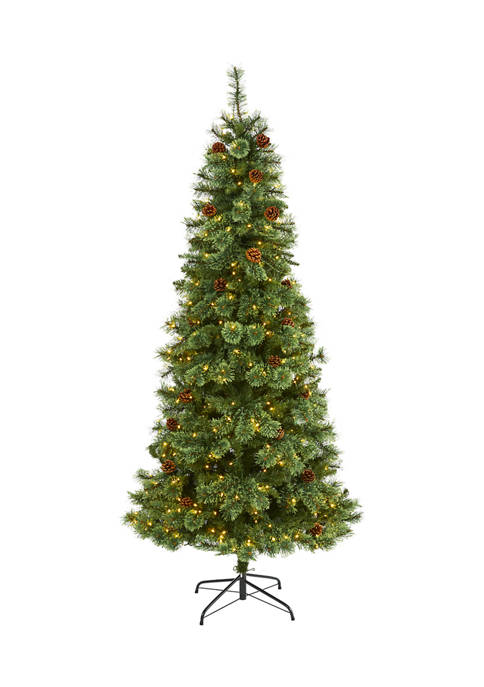 7 Foot White Mountain Pine Artificial Christmas Tree with 400 Clear LED Lights and Pine Cones