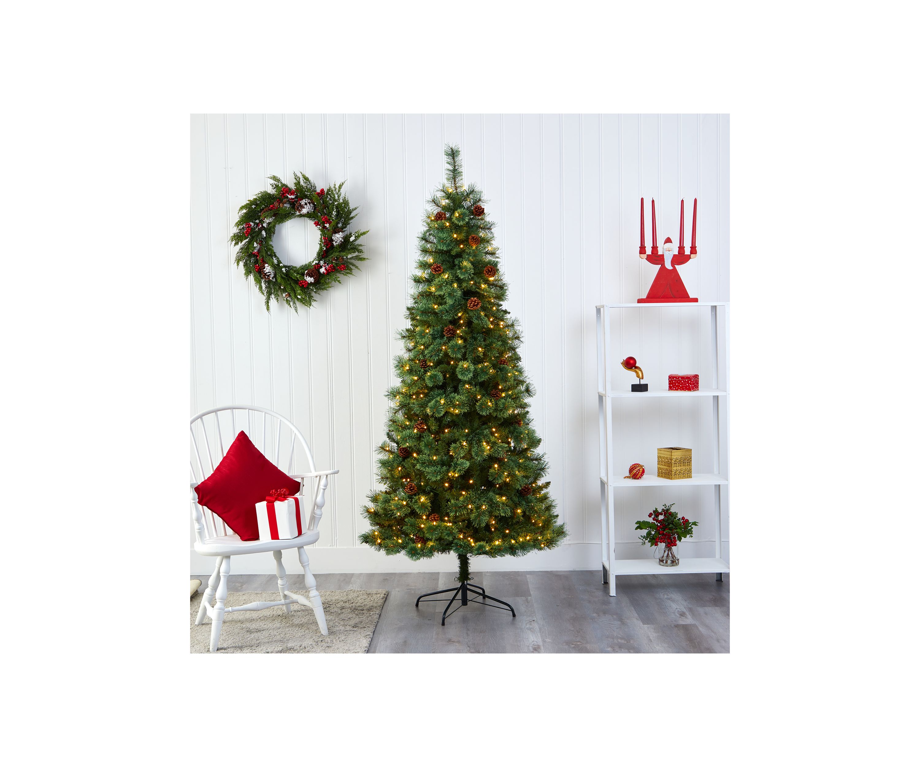 7 Foot White Mountain Pine Artificial Christmas Tree with 400 Clear LED Lights and Pine Cones
