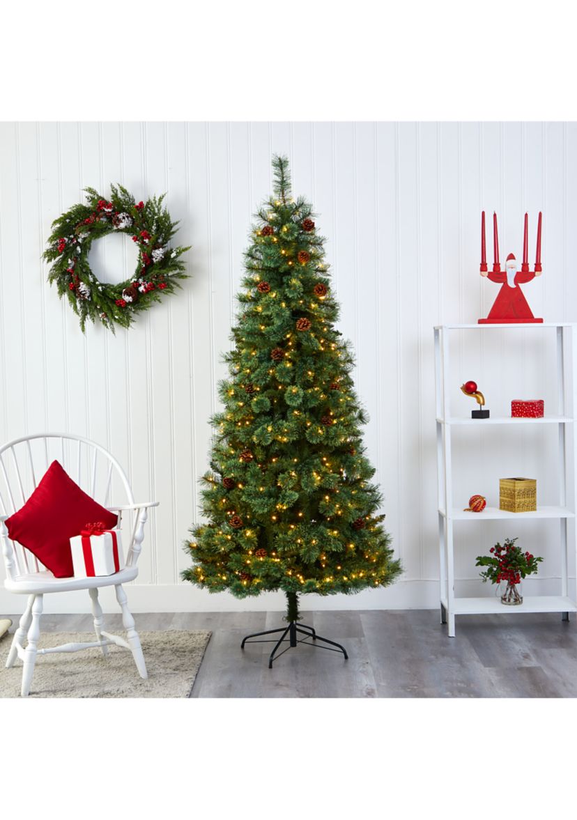 7 Foot White Mountain Pine Artificial Christmas Tree with 400 Clear LED Lights and Pine Cones