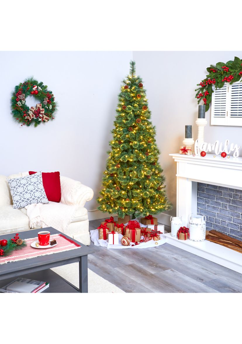 7 Foot White Mountain Pine Artificial Christmas Tree with 400 Clear LED Lights and Pine Cones