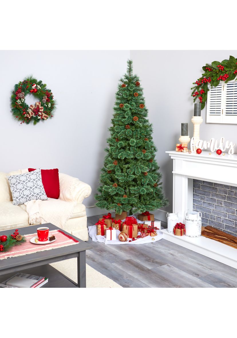 7 Foot White Mountain Pine Artificial Christmas Tree with 400 Clear LED Lights and Pine Cones