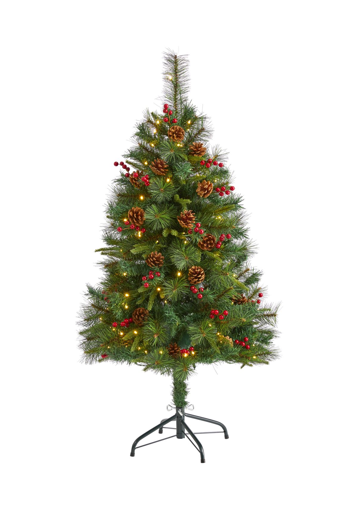 4 Foot Mixed Pine Artificial Christmas Tree with 100 Clear LED Lights, Pine Cones and Berries