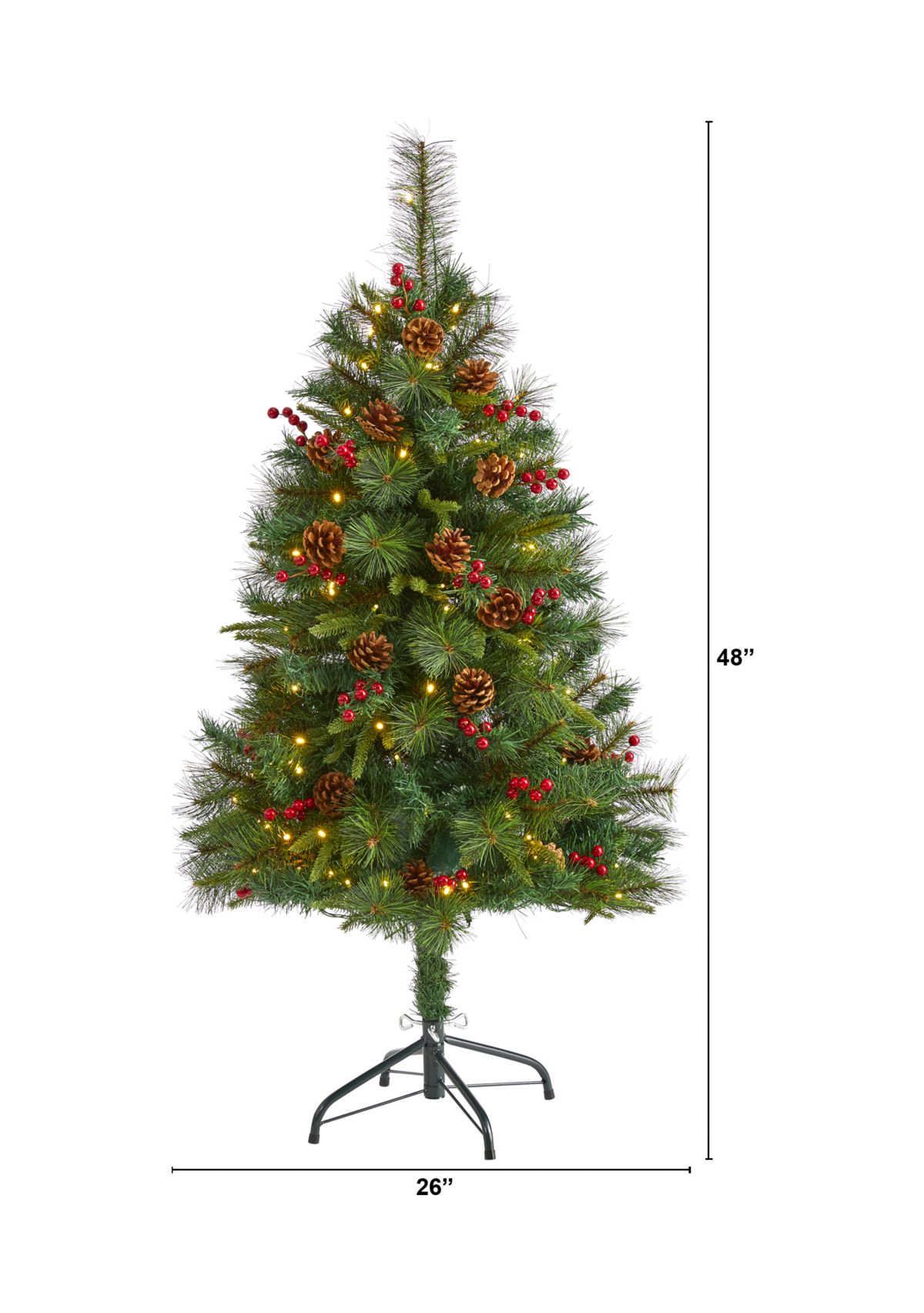 4 Foot Mixed Pine Artificial Christmas Tree with 100 Clear LED Lights, Pine Cones and Berries