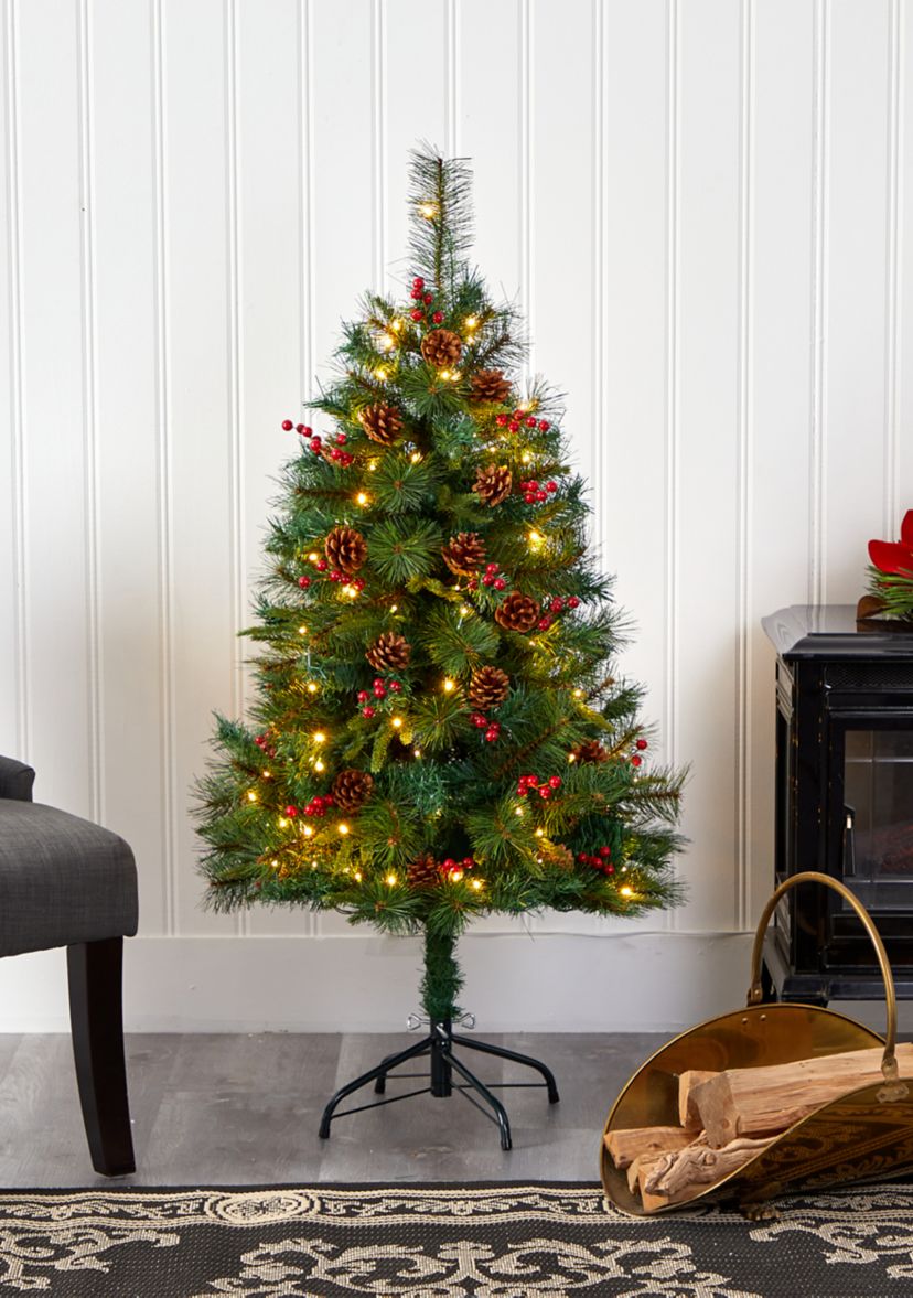 4 Foot Mixed Pine Artificial Christmas Tree with 100 Clear LED Lights, Pine Cones and Berries