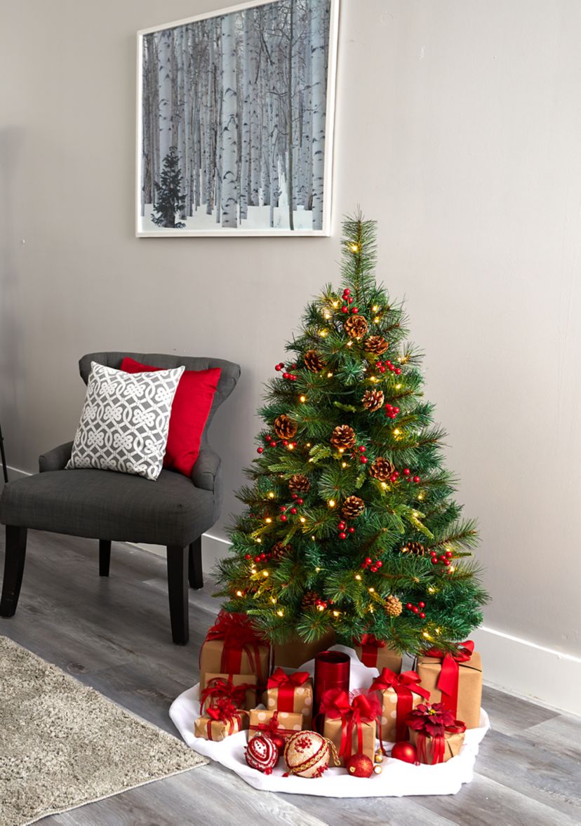 4 Foot Mixed Pine Artificial Christmas Tree with 100 Clear LED Lights, Pine Cones and Berries