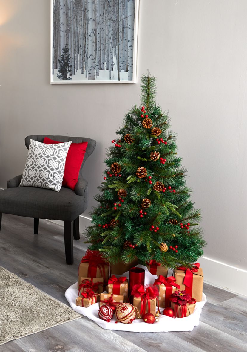 4 Foot Mixed Pine Artificial Christmas Tree with 100 Clear LED Lights, Pine Cones and Berries