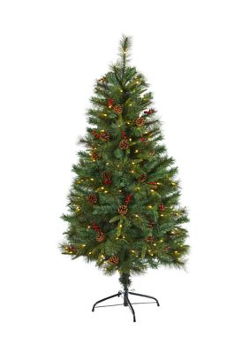 Nearly Natural 5 Foot Mixed Pine Artificial Christmas Tree with 150 Clear LED Lights, Pine Cones and Berries