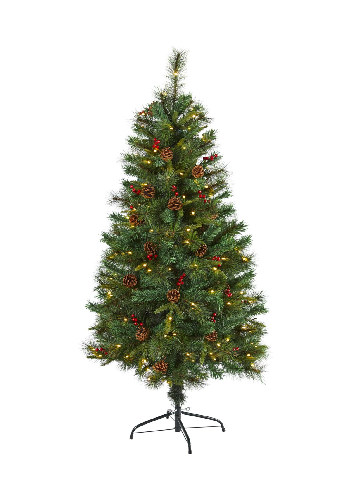 5 Foot Mixed Pine Artificial Christmas Tree with 150 Clear LED Lights, Pine Cones and Berries
