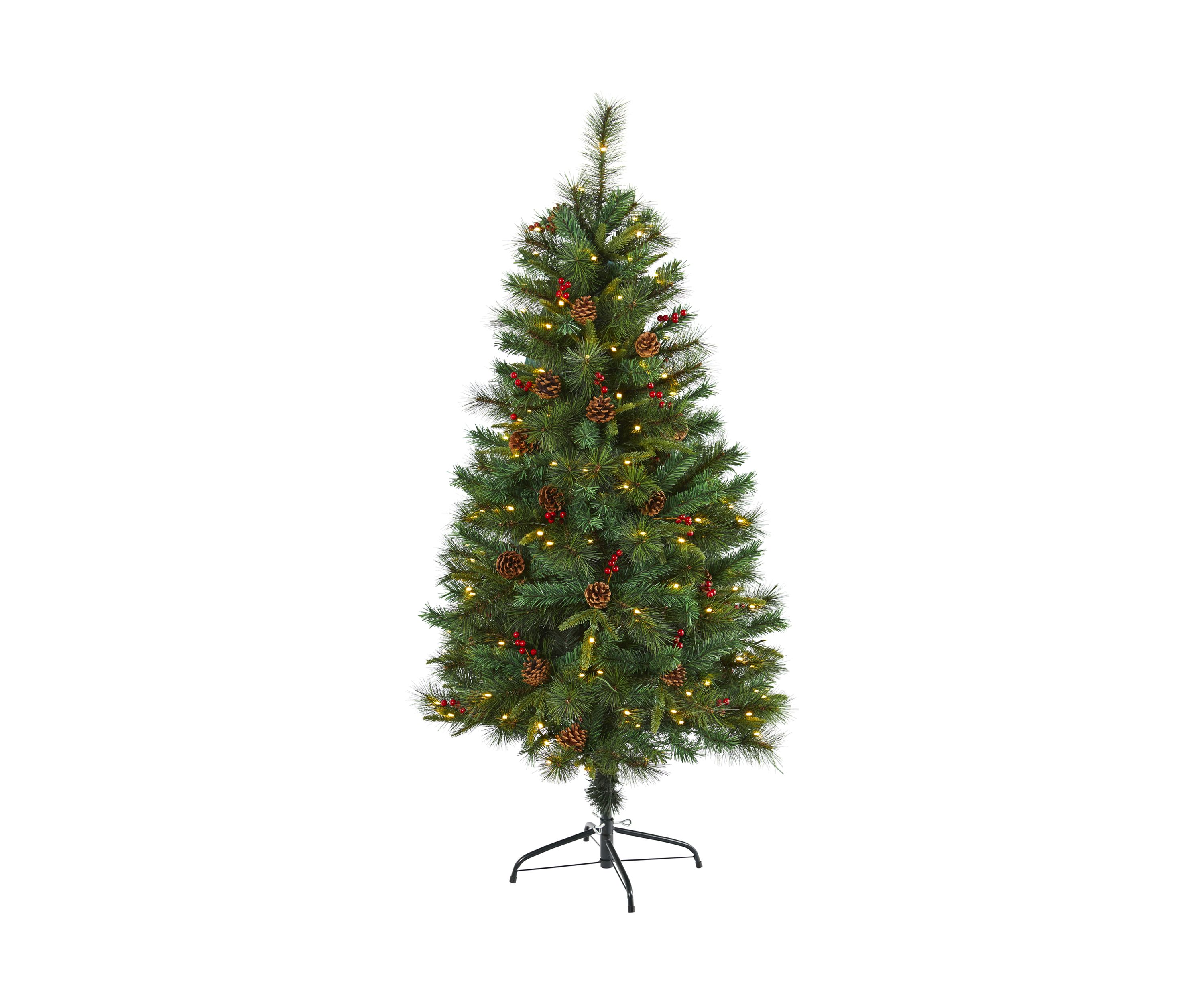 5 Foot Mixed Pine Artificial Christmas Tree with 150 Clear LED Lights, Pine Cones and Berries