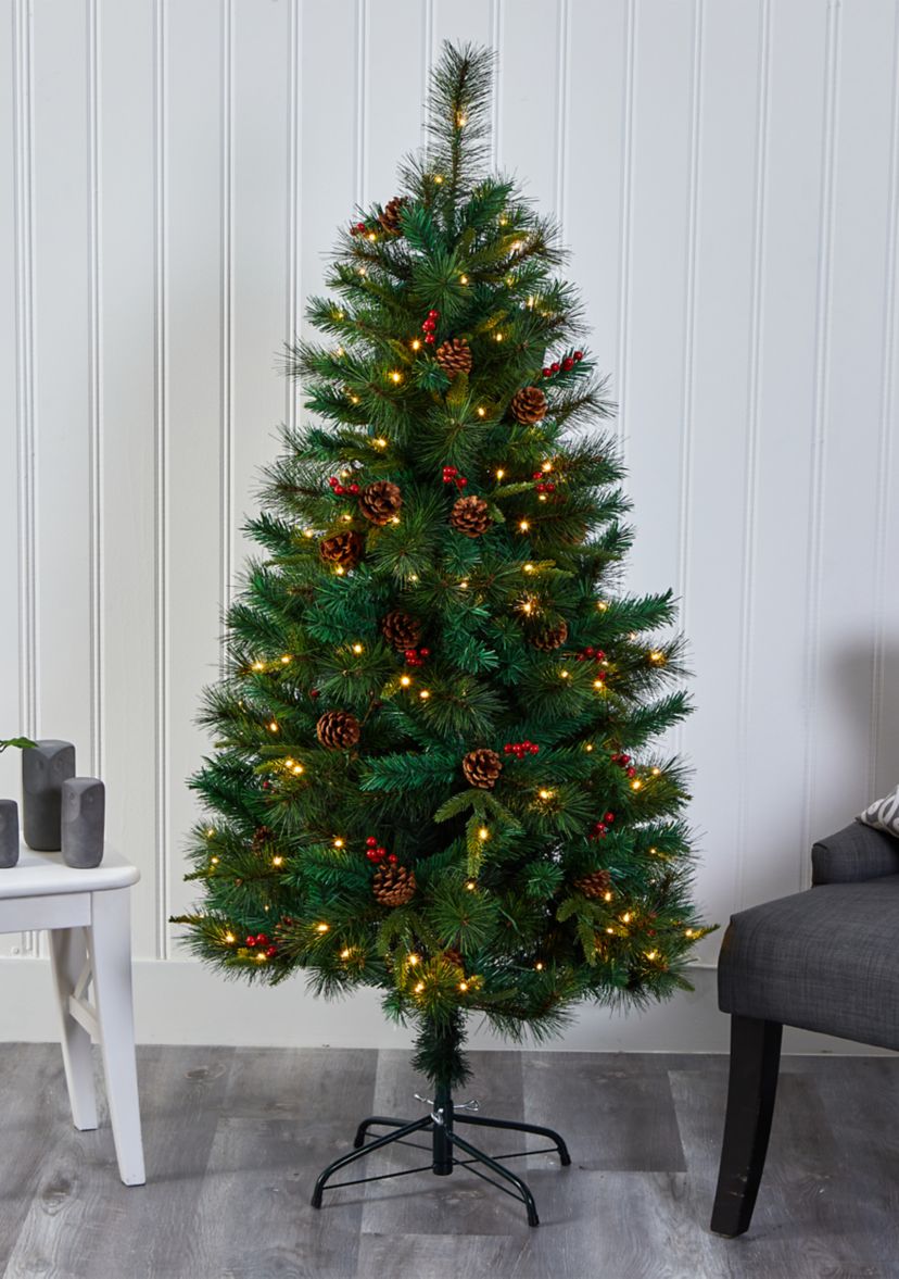 5 Foot Mixed Pine Artificial Christmas Tree with 150 Clear LED Lights, Pine Cones and Berries