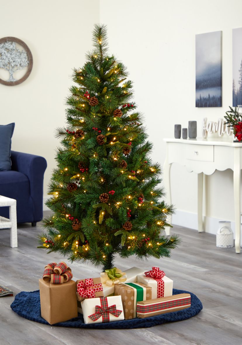5 Foot Mixed Pine Artificial Christmas Tree with 150 Clear LED Lights, Pine Cones and Berries