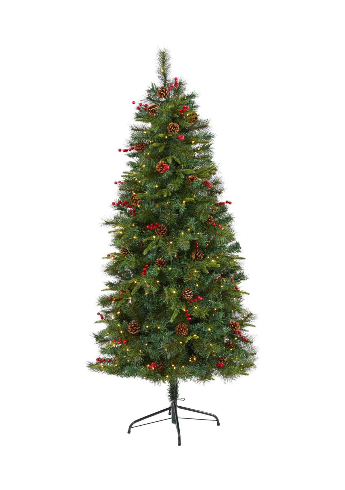 6 Foot Mixed Pine Artificial Christmas Tree with 250 Clear LED Lights, Pine Cones and Berries
