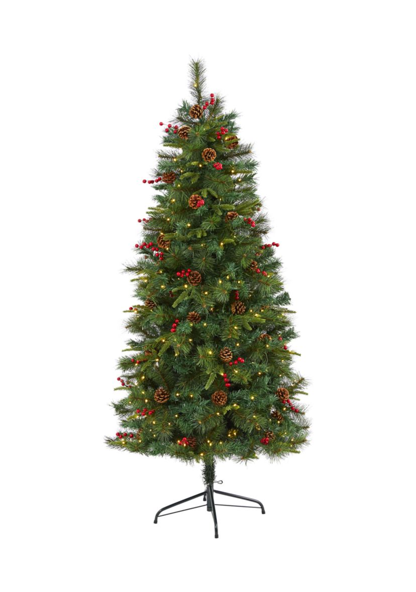 6 Foot Mixed Pine Artificial Christmas Tree with 250 Clear LED Lights, Pine Cones and Berries