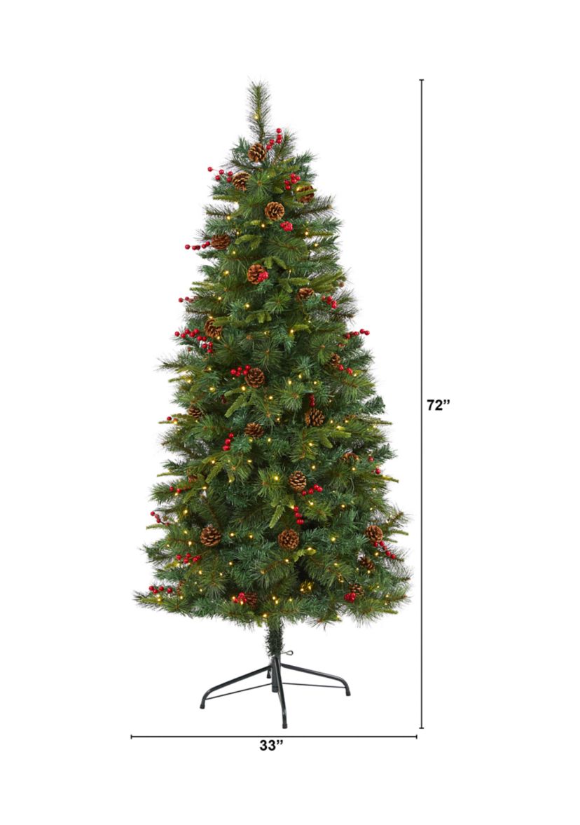 6 Foot Mixed Pine Artificial Christmas Tree with 250 Clear LED Lights, Pine Cones and Berries