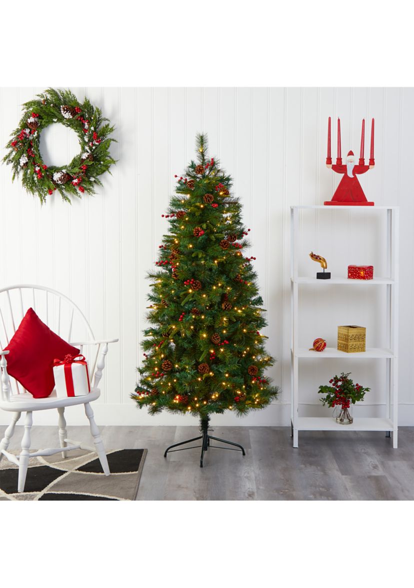 6 Foot Mixed Pine Artificial Christmas Tree with 250 Clear LED Lights, Pine Cones and Berries