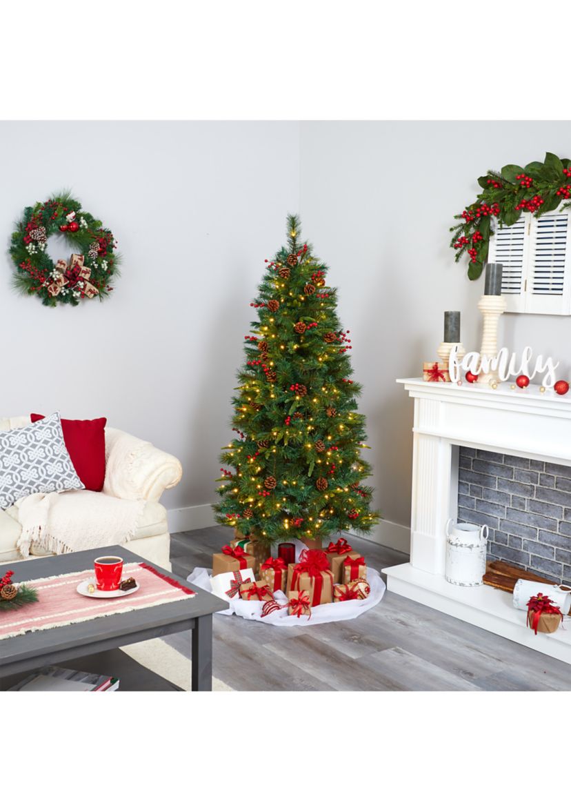 6 Foot Mixed Pine Artificial Christmas Tree with 250 Clear LED Lights, Pine Cones and Berries