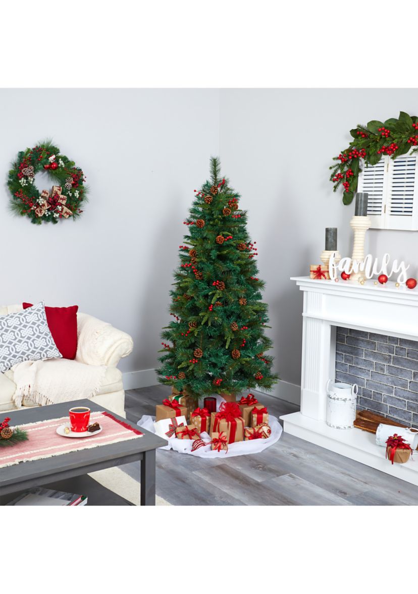 6 Foot Mixed Pine Artificial Christmas Tree with 250 Clear LED Lights, Pine Cones and Berries