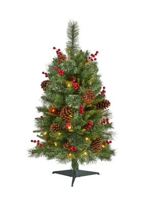 Nearly Natural 3 Foot Norway Mixed Pine Artificial Christmas Tree with 50 Clear LED Lights, Pine Cones and Berries, Green