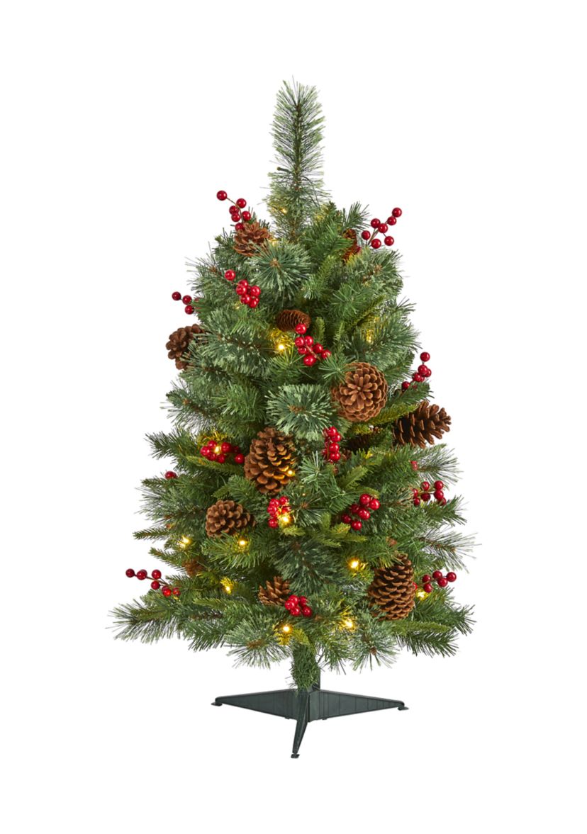 3 Foot Norway Mixed Pine Artificial Christmas Tree with 50 Clear LED Lights, Pine Cones and Berries