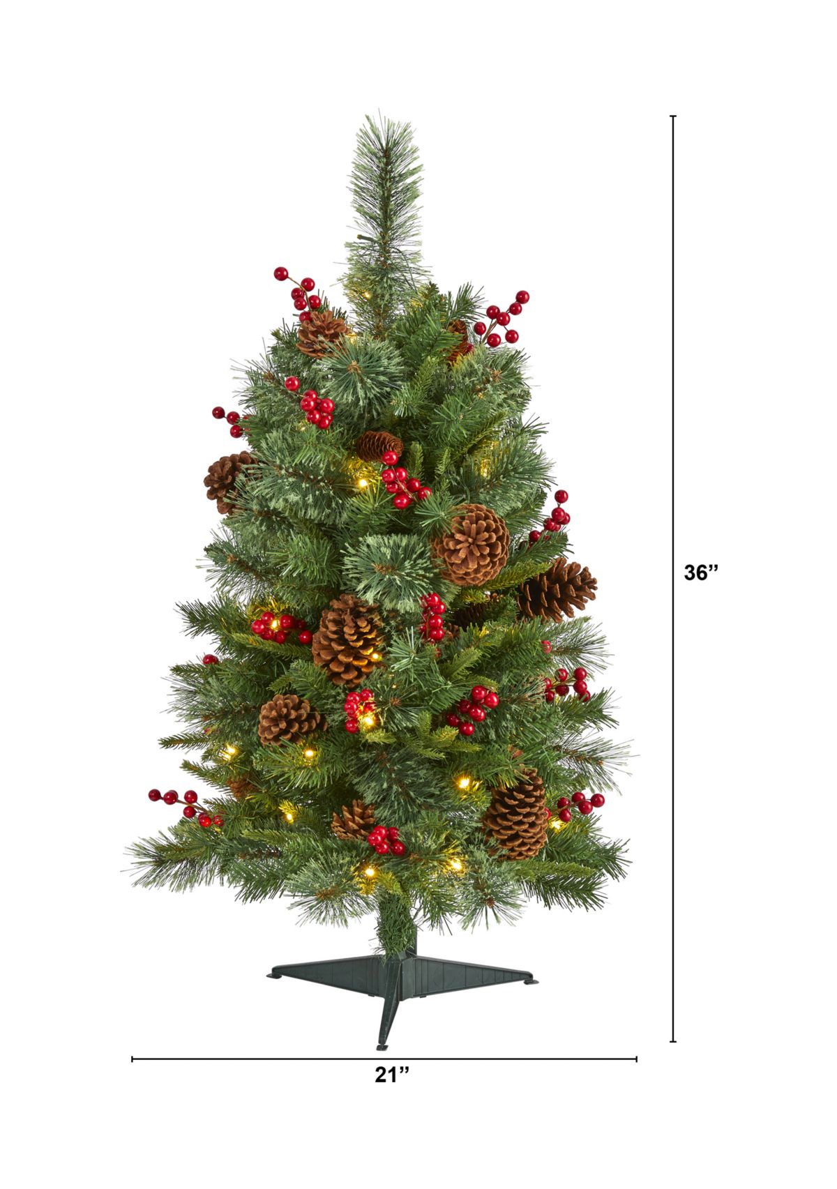 3 Foot Norway Mixed Pine Artificial Christmas Tree with 50 Clear LED Lights, Pine Cones and Berries
