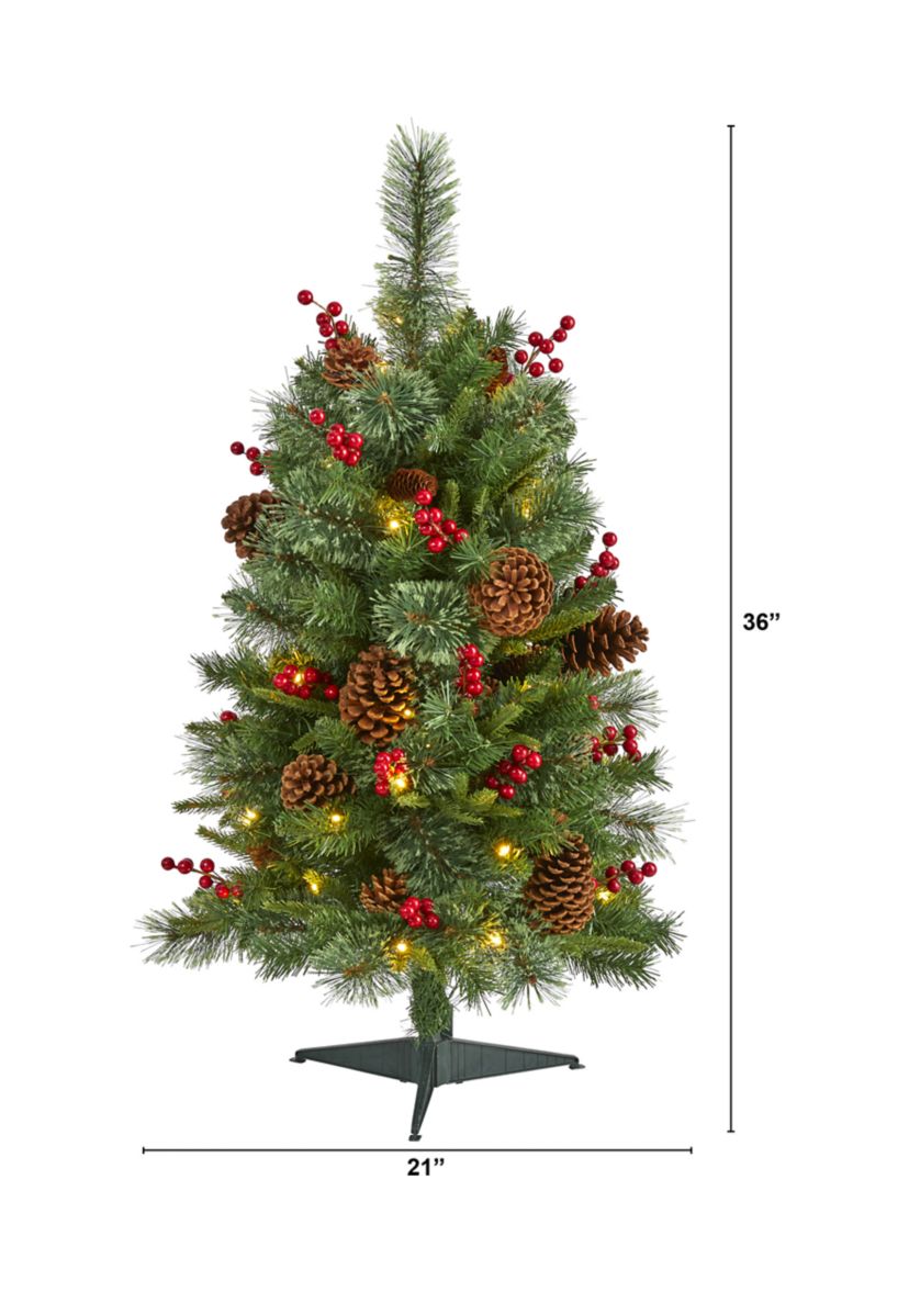 3 Foot Norway Mixed Pine Artificial Christmas Tree with 50 Clear LED Lights, Pine Cones and Berries