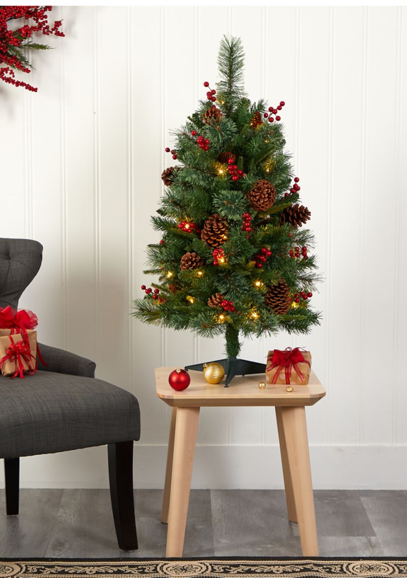 3 Foot Norway Mixed Pine Artificial Christmas Tree with 50 Clear LED Lights, Pine Cones and Berries