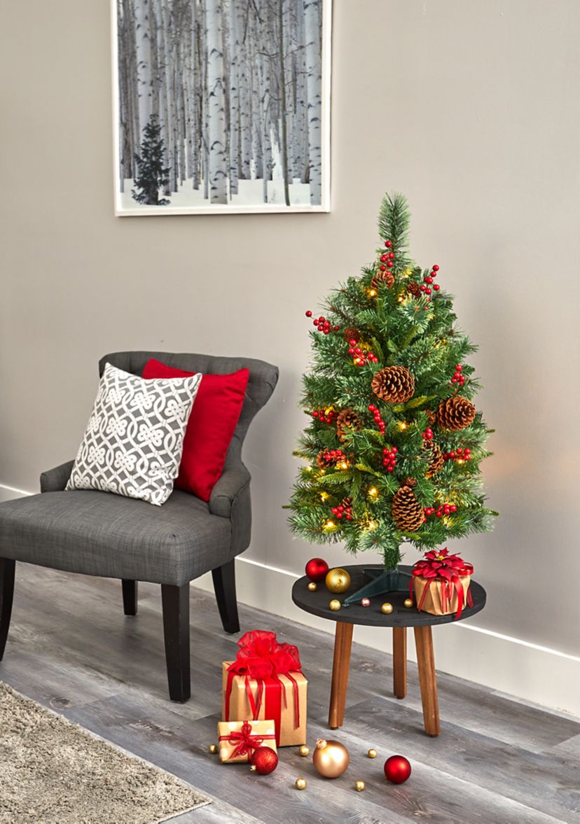 3 Foot Norway Mixed Pine Artificial Christmas Tree with 50 Clear LED Lights, Pine Cones and Berries