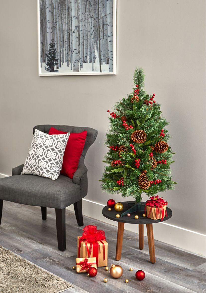 3 Foot Norway Mixed Pine Artificial Christmas Tree with 50 Clear LED Lights, Pine Cones and Berries