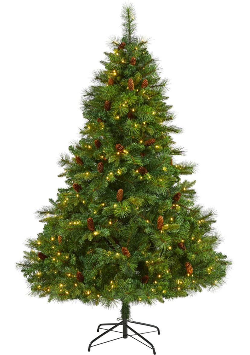 6 Foot West Virginia Full Bodied Mixed Pine Artificial Christmas Tree with 300 Clear LED Lights and Pine Cones