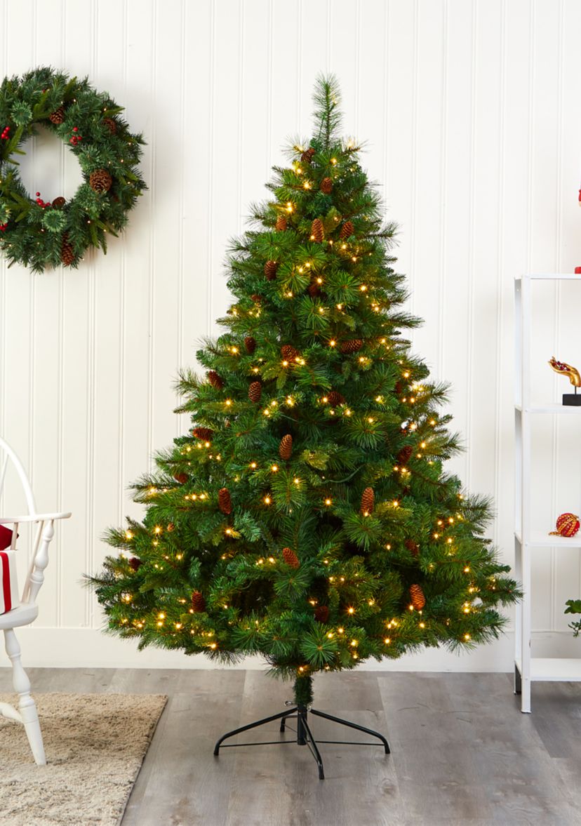 6 Foot West Virginia Full Bodied Mixed Pine Artificial Christmas Tree with 300 Clear LED Lights and Pine Cones