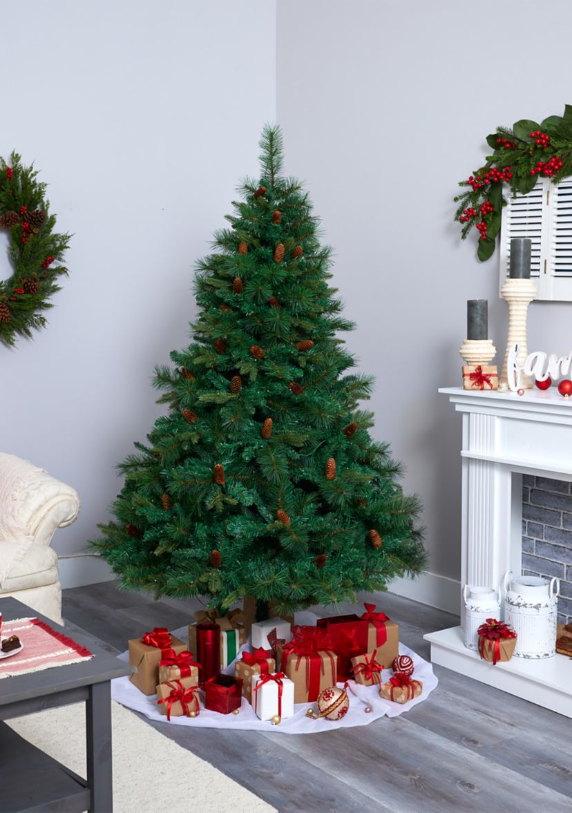 6 Foot West Virginia Full Bodied Mixed Pine Artificial Christmas Tree with 300 Clear LED Lights and Pine Cones