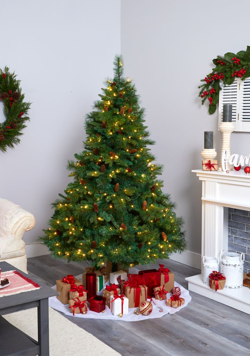 6 Foot West Virginia Full Bodied Mixed Pine Artificial Christmas Tree with 300 Clear LED Lights and Pine Cones