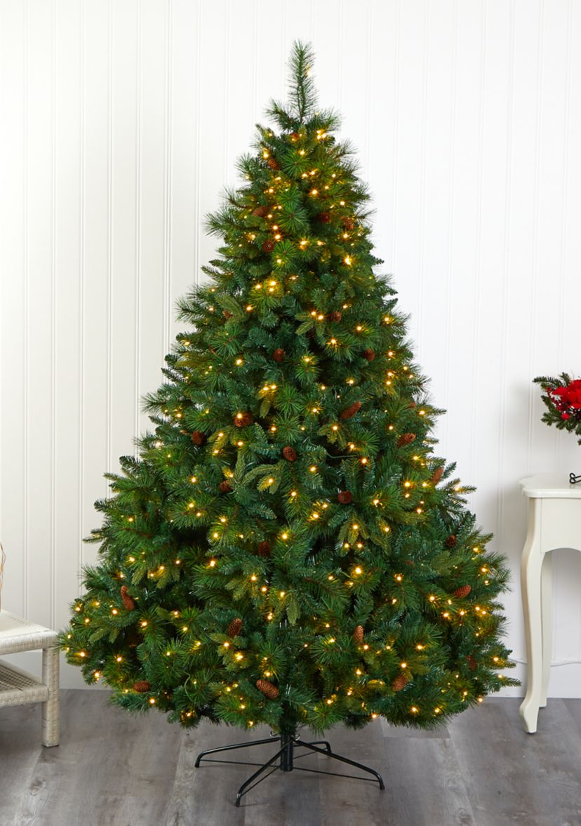 7 Foot West Virginia Full Bodied Mixed Pine Artificial Christmas Tree with 450 Clear LED Lights and Pine Cones