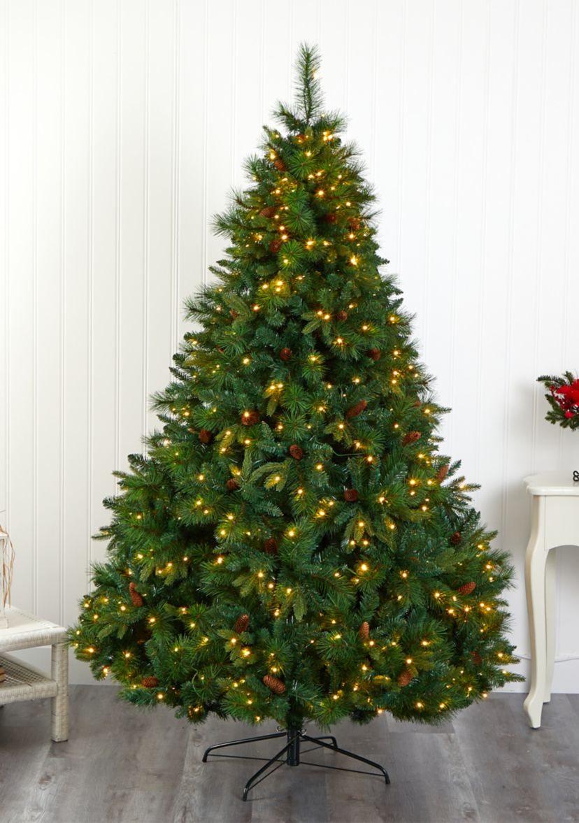 7.5 Foot West Virginia Full Bodied Mixed Pine Artificial Christmas Tree with 600 Clear LED Lights and Pine Cones