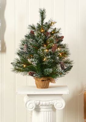 Nearly Natural Frosted Pine Christmas Tree with Clear LED Lights, Green, 2 Foot