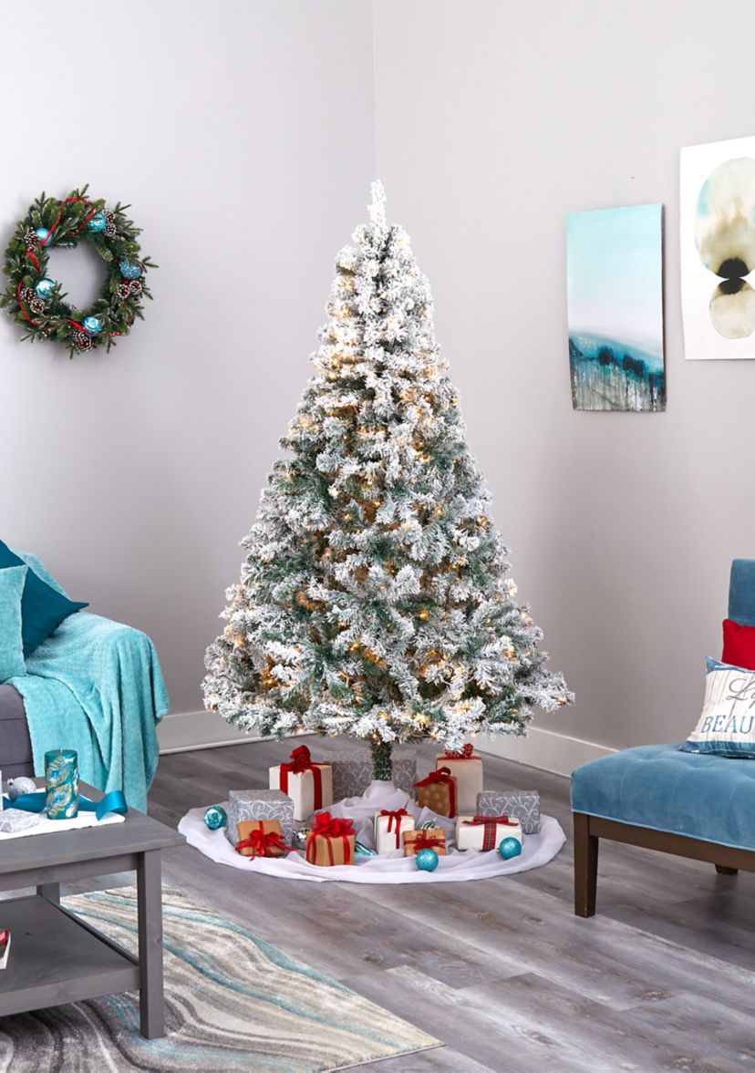 7 Foot Flocked Rock Springs Spruce Artificial Christmas Tree with 350 Clear LED Lights and 800 Bendable Branches