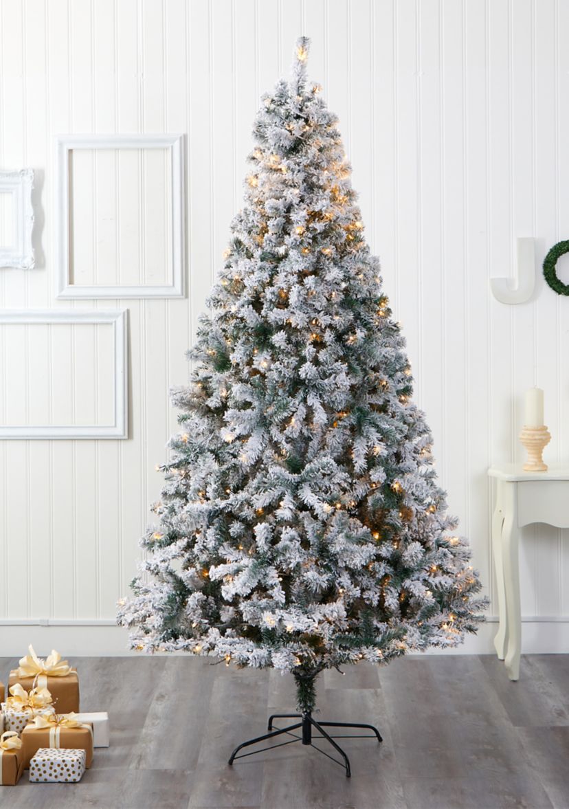 8 Foot Flocked Rock Springs Spruce Artificial Christmas Tree with 500 Clear LED Lights and 1186 Bendable Branches