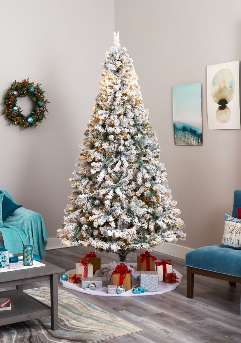 8 Foot Flocked Rock Springs Spruce Artificial Christmas Tree with 500 Clear LED Lights and 1186 Bendable Branches