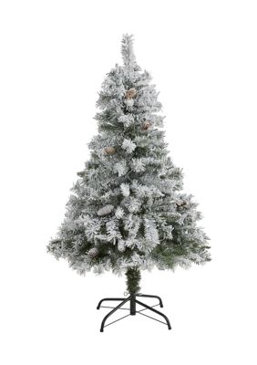 Nearly Natural 4-Foot Flocked White River Mountain Pine Artificial Christmas Tree with Pinecones, Green, 4 Foot