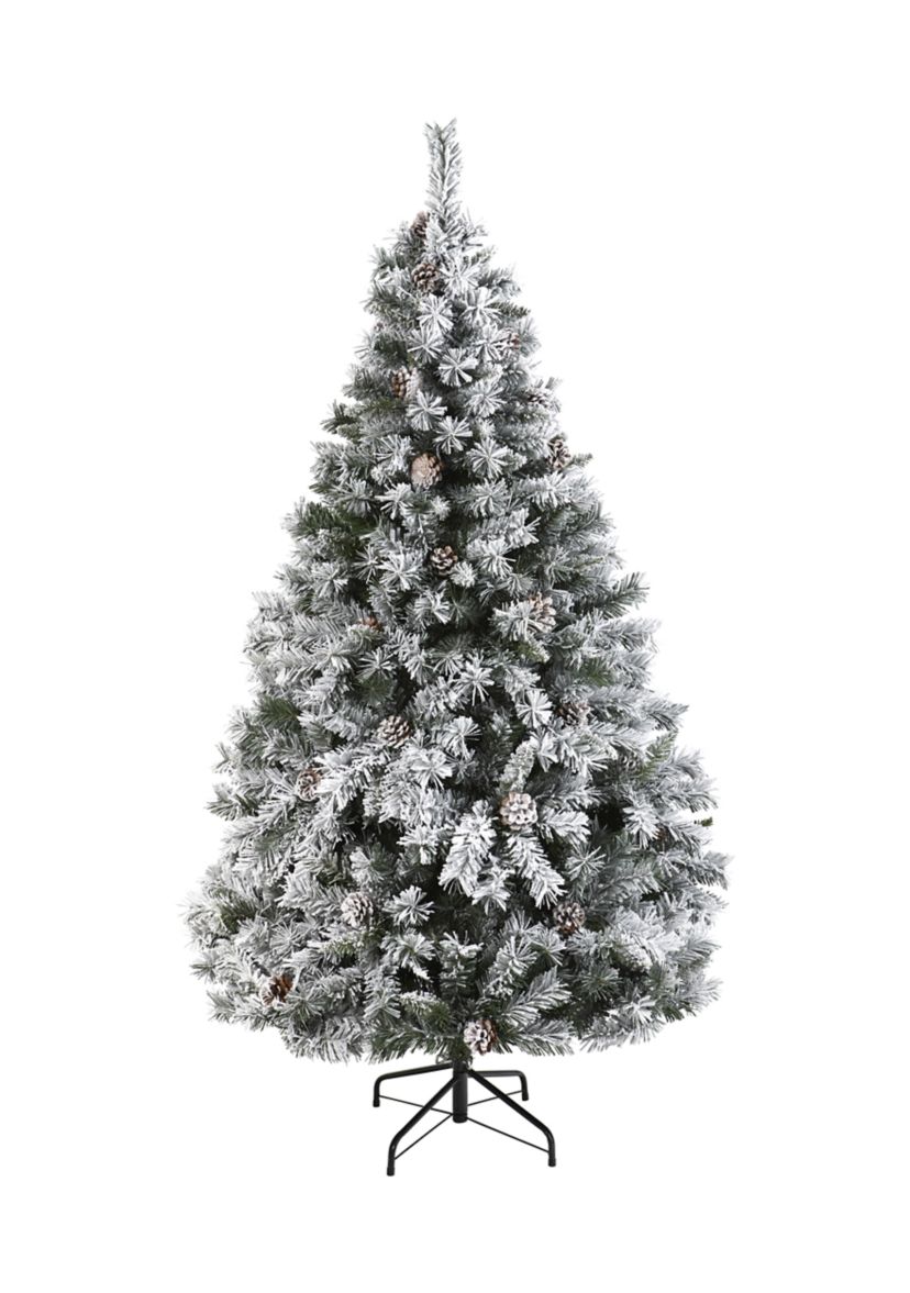 6 Foot Flocked White River Mountain Pine Artificial Christmas Tree with Pinecones