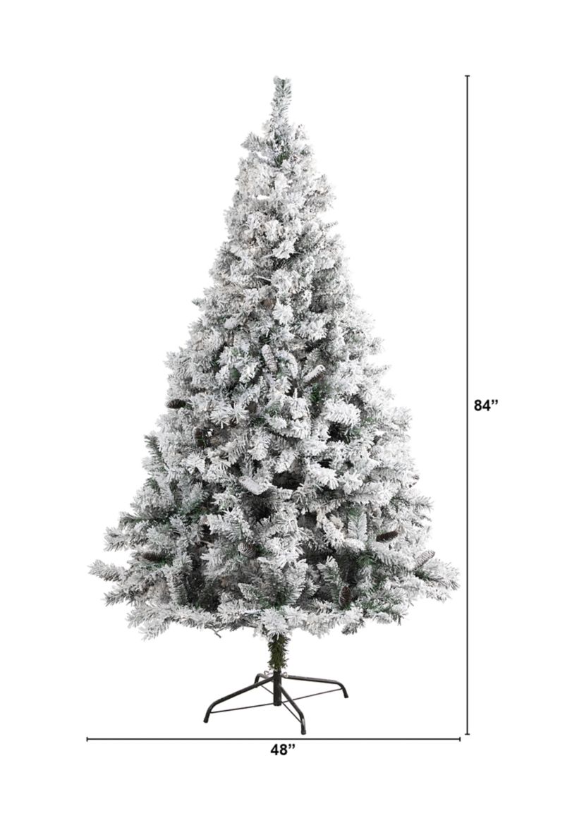 7 Foot Flocked White River Mountain Pine Artificial Christmas Tree with Pinecones