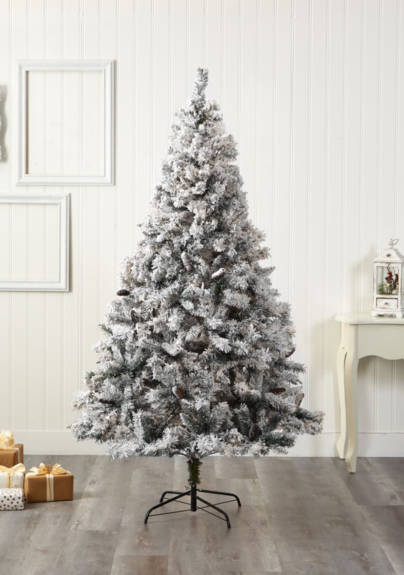 7 Foot Flocked White River Mountain Pine Artificial Christmas Tree with Pinecones