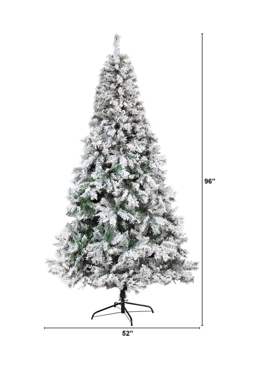 8 Foot Flocked White River Mountain Pine Artificial Christmas Tree with Pinecones