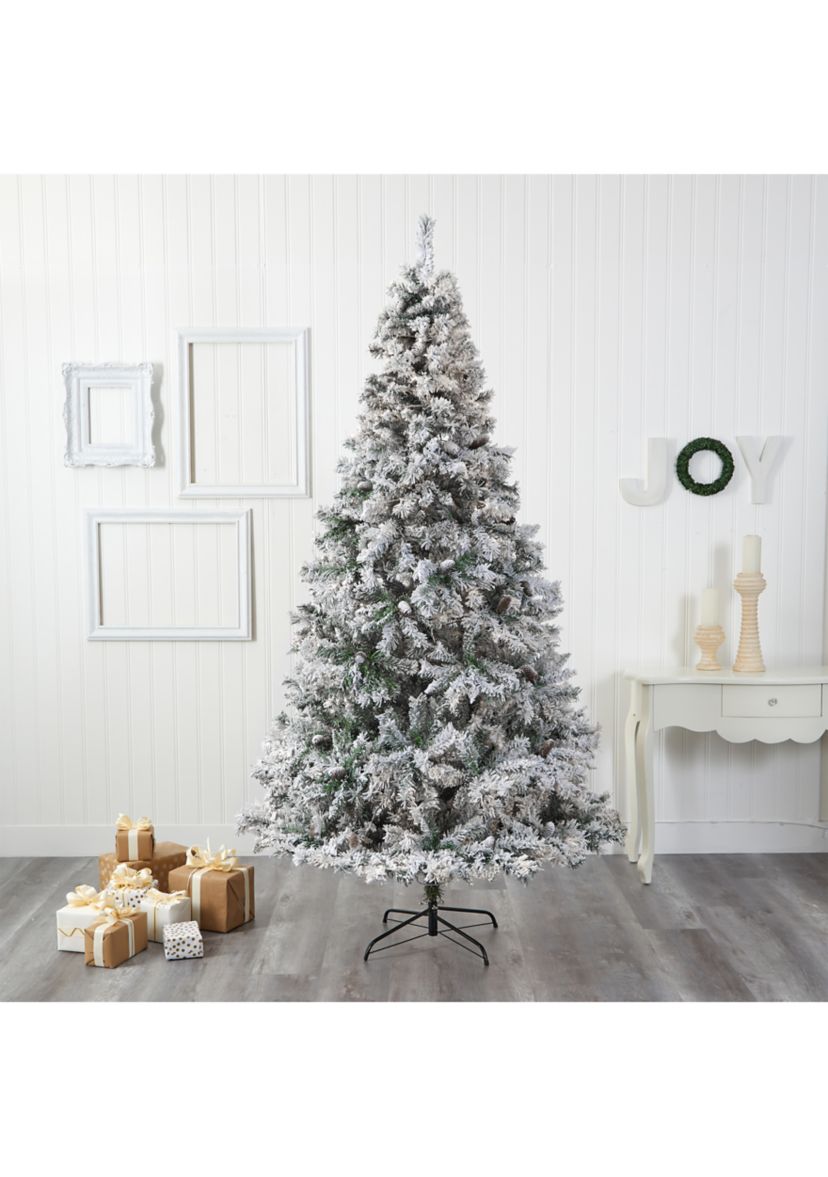 8 Foot Flocked White River Mountain Pine Artificial Christmas Tree with Pinecones